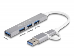 64214 Delock Λεπτός Κόμβος 4 Θυρών USB με σύνδεσμο USB Type-C™ ή USB Τύπου-A προς 3 x USB 2.0 τύπου A θηλυκό + 1 x USB 5 Gbps τύπου A θηλυκό