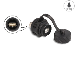 88010 Delock Kábel csatlakoztató USB 2.0 B-típusú anya – USB 2.0 A-típusú anya installálásra IP68 por és víz elleni védő bajonettzá kalappal fekete
