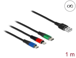 87277 Delock 1 m hosszú, USB töltő kábel 3 az 1-A-típusú apa Lightning™-, Micro USB- és USB Type-C™ csatlakozáshoz 3-színű