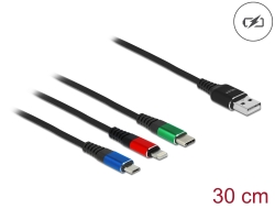 87236 Delock USB-laddningskabel 3-i-1 Typ-A till Lightning™ / Micro USB / USB Type-C™ 30 cm