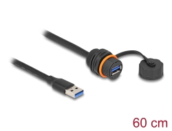 88149 Delock Καλώδιο USB 5 Gbps USB Τύπου-A αρσενικό προς USB Τύπου-A θηλυκό για εγκατάσταση με σπείρωμα M20 και προστατευτικό καπάκι IP68 ενάντια στη σκόνη και αδιάβροχο 60 εκ. σε μαύρο χρώμα