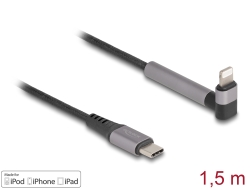 85405 Delock Adat és töltő kábel USB Type-C™ - Lightning™ iPhone™, iPad™, iPod™ eszközökhöz hajlított álló funkcióval, fekete és 1,5 m hosszú, MFi