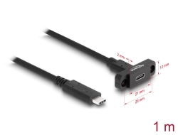 87824 Delock SuperSpeed USB 10 Gbps (USB 3.2 Gen 2) USB Type-C™ kábel apa-anya 1 m panel-csatlakozójú fekete
