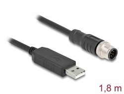64257 Delock Cable de conexión serie M12 con chipset FTDI, USB 2.0 Tipo-A macho a M12 RS-232 macho Codificación A 8 pines 1,8 m negro