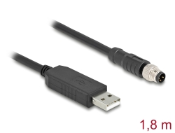 64258 Delock M8 Serijski priključni kabel s FTDI čipsetom, USB 2.0 Tip-A muški na M8 RS-232 muški A-kodirani 3 pinski 1,8 m crni