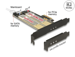 89630 Delock PCI Express x4-kort > 1 x internal M.2 Key B + 1 x intern NVMe M.2 Key M - Formfaktor med låg profil