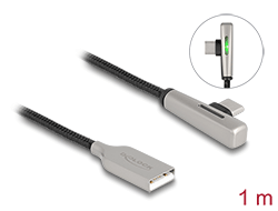 80766 Delock Καλώδιο USB 2.0 Τύπου-A αρσενικό προς USB Type-C™ αρσενικό γωνιακό με ένδειξη LED και Γρήγορη Φόρτιση στα 60 W 1 μ. σε