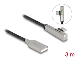 80768 Delock Kabel ze zástrčky USB 2.0 Typ-A na zástrčku USB Type-C™, pravoúhlý, s LED a s funkcí rychlého nabíjení 60 W, 3 m