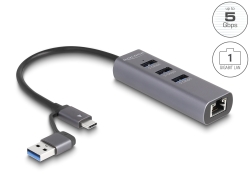 64282 Delock 3 portos USB 5 Gbps Hub + Gigabit LAN USB Type-C™ csatlakozóval vagy A-típusú USB  csatlakozóval fém vázban
