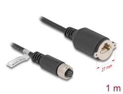 80433 Delock Kabel M12 A-kódovaný, z 8 pinové zásuvky na zásuvku RJ45, k instalaci, Cat.5e, FTP, 1 m, černý