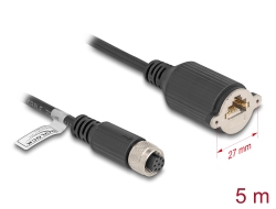 80440 Delock Kabel M12 A-kódovaný, z 8 pinové zásuvky na zásuvku RJ45, k instalaci, Cat.5e, FTP, 1 m, černý