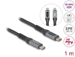 86067 Delock Cablu coaxial USB 40 Gbps de date și încărcare rapidă 1 m 8K 60 Hz USB PD 3.1 Gamă extinsă de putere 240 W